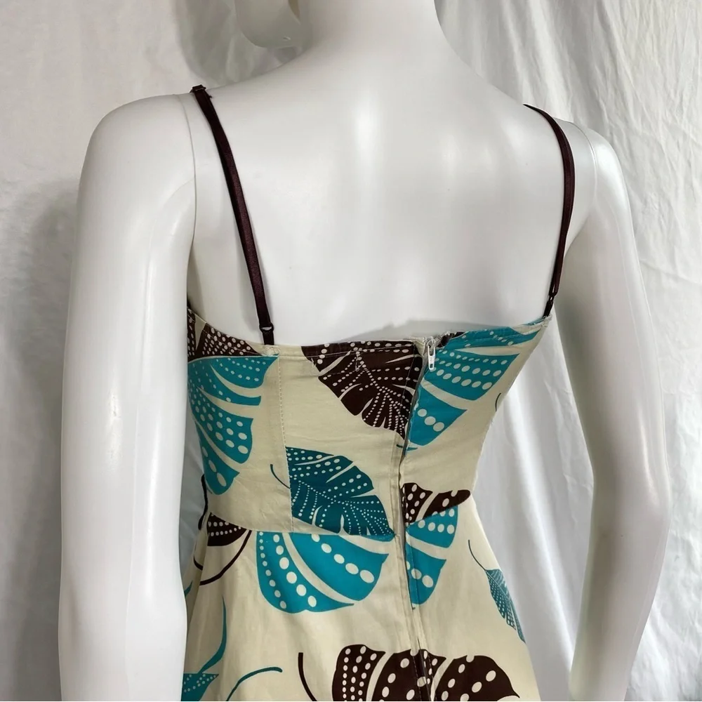 Ruby Rox Retro Y2K Strappy Fit & Flare Teal Brown Leaf Print Dress